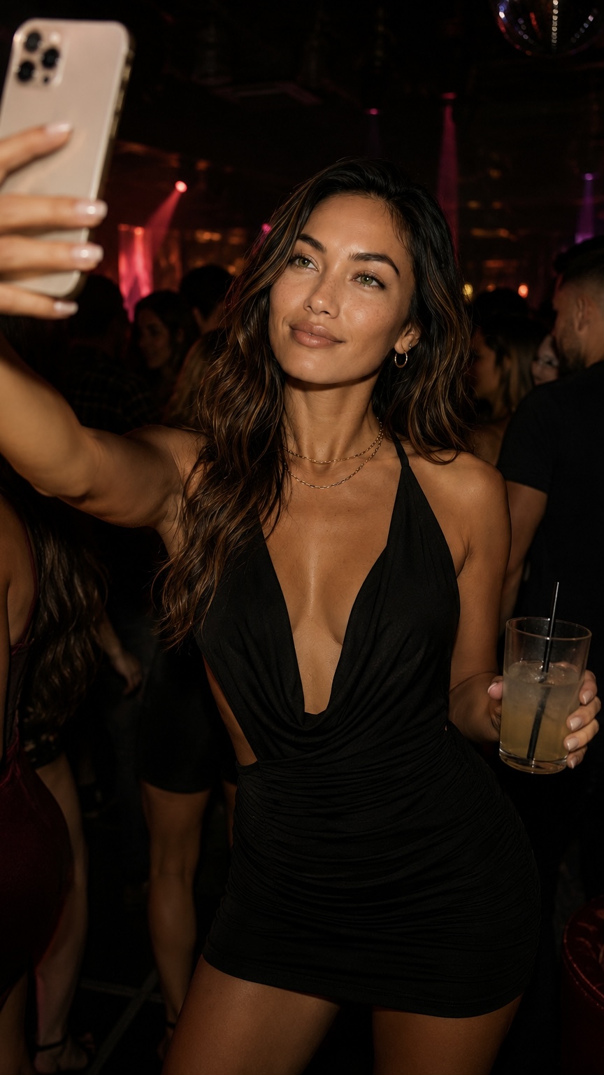 Kaia Valencia taking a selfie on a club dance floor